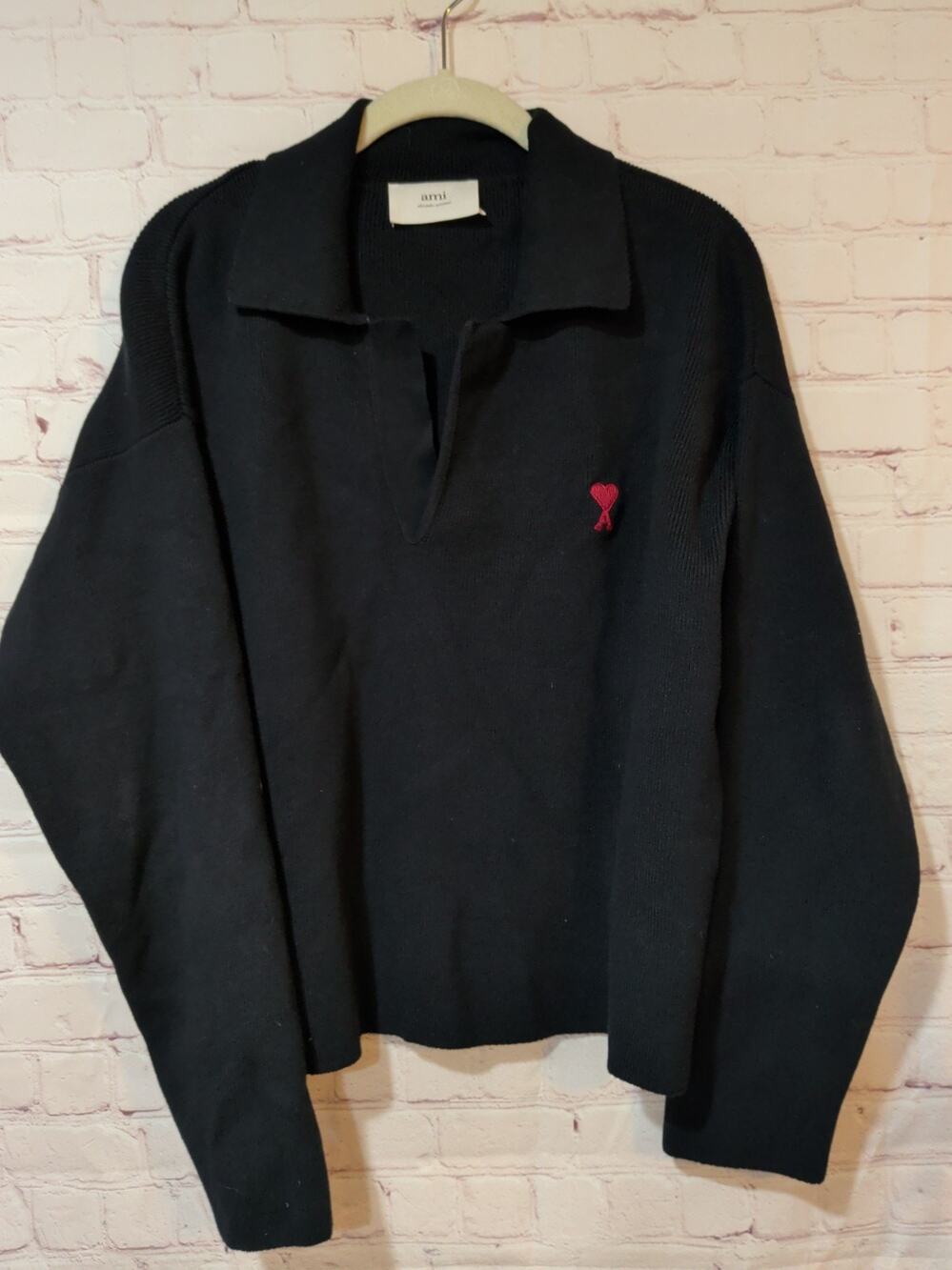 Ami Alexandre Mattiussi Heart Logo Polo Sweater Black Red Embroidery Long Sleeve